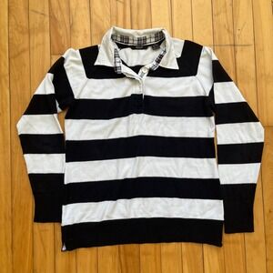 Abacus Womens Black White Striped Cotton Rugby Polo Sweater Large Plaid Collar